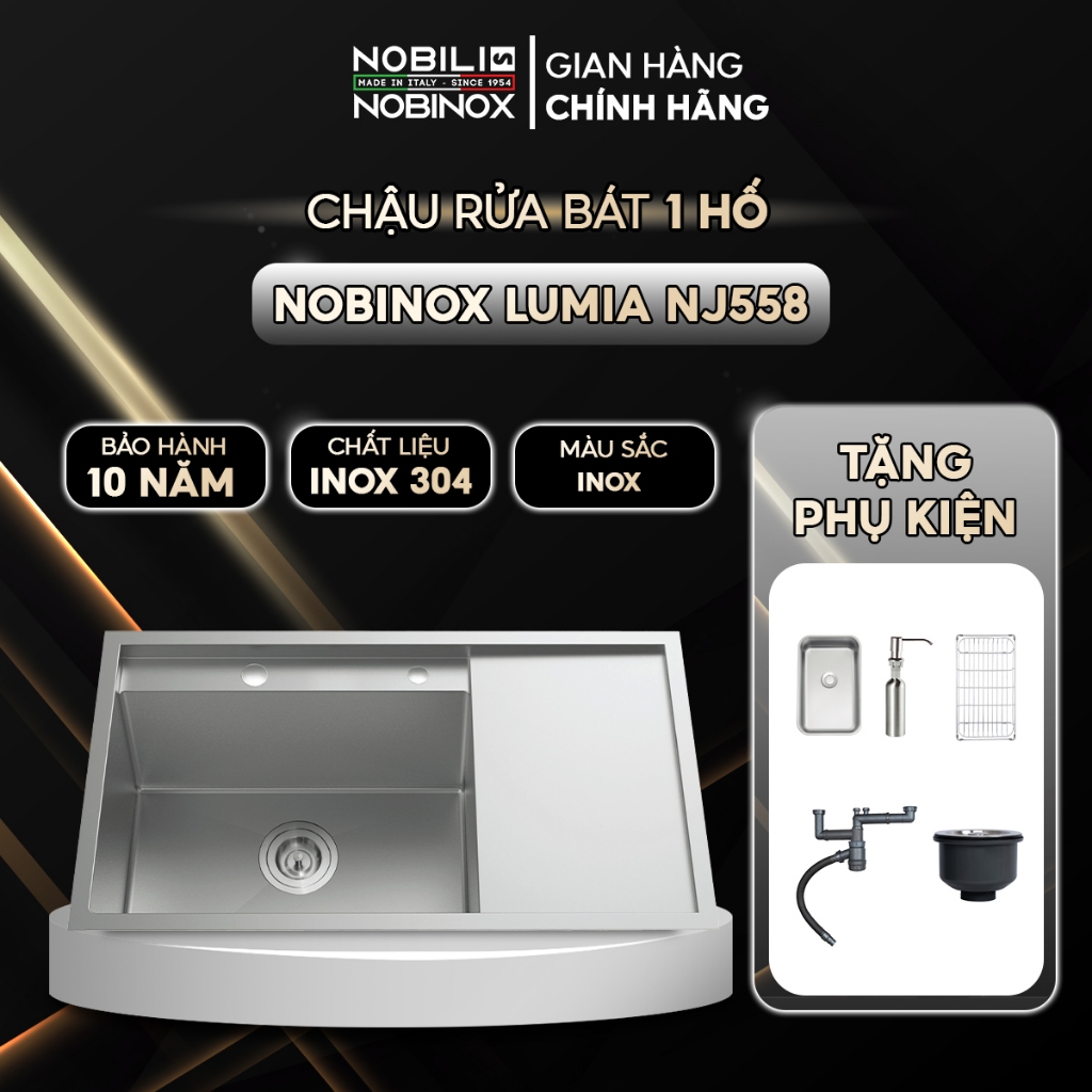 Chậu rửa bát 1 hố Nobinox LUMIA NJ558B inox 304 - Tặng kèm phụ kiện
