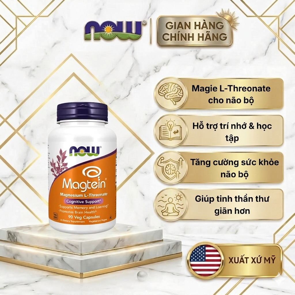 Viên uống Magie L-Threonate Now Magtein (90 viên) cải thiện trí nhớ, hỗ trợ giấc ngủ, giảm stress