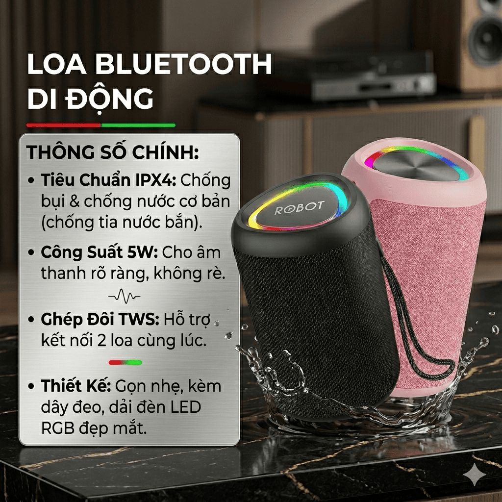 [BH 1 NĂM] VIVAN Loa Bluetooth Mini RB120 Robot Công Suất 5W Đèn Led RGB Hỗ Trợ Kết Nối Thẻ Nhớ, AUX