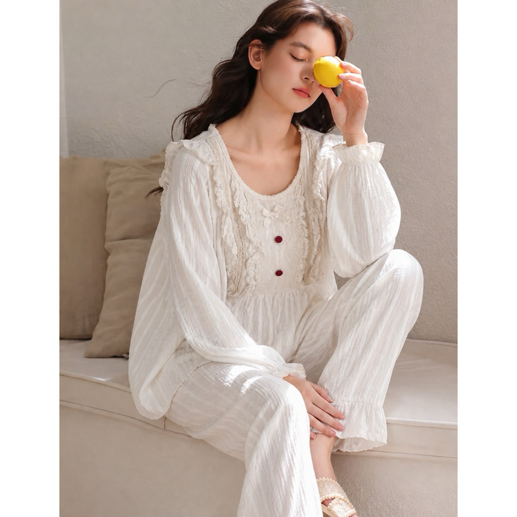 (Mới 95%) 2hand Pass Thanh lý bộ đồ ngủ đũi mềm trắng ren nhẹ nhàng tiểu thư thanh lí set ngủ mặc nh