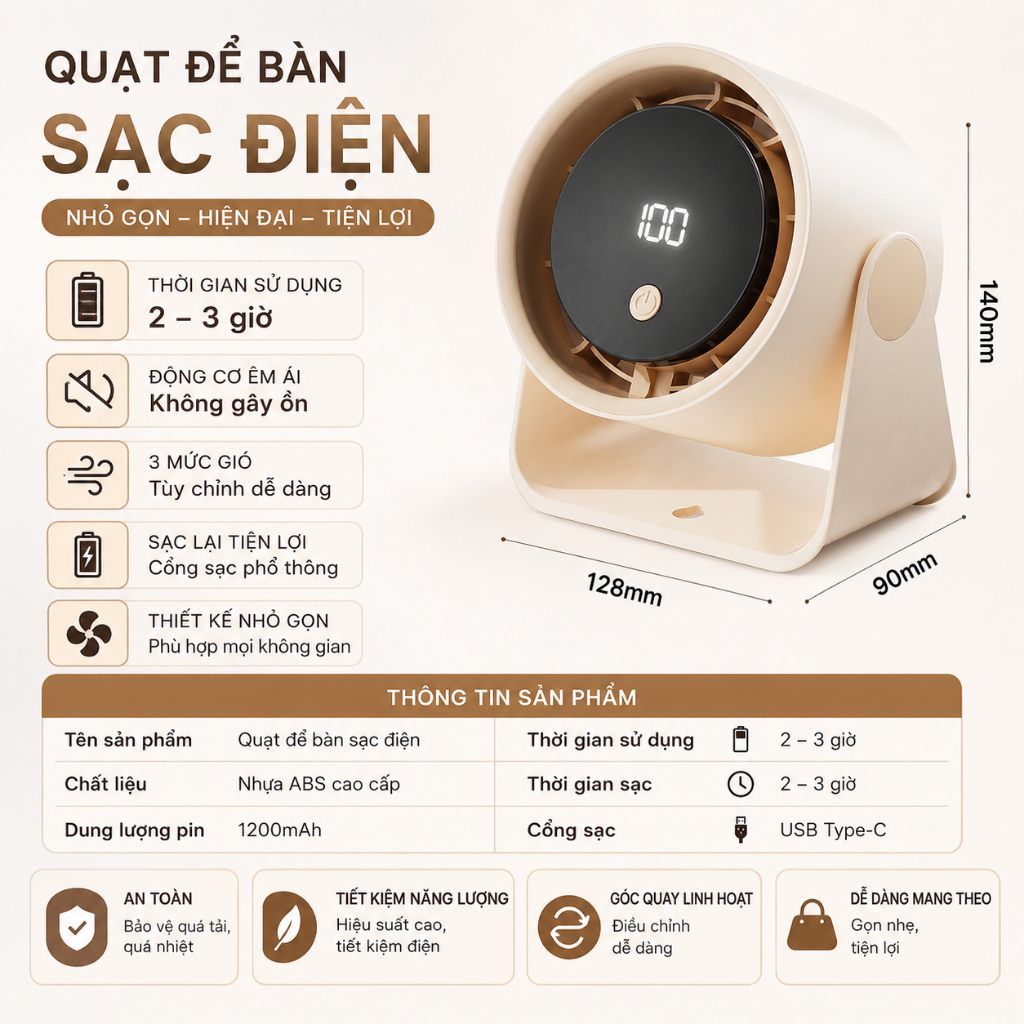 Quạt Tích Điện Để Bàn Asaki 100 Mức Độ Gió Mát Xoay Linh Hoạt Không Tiếng Ồn | BigBuy360 - bigbuy360.vn