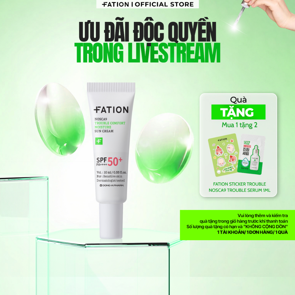 [LIVE] Kem chống nắng FATION Nosca9 Trouble Comfort Moisture Sun Cream SPF50+/PA++++ 40ml làm dịu dà
