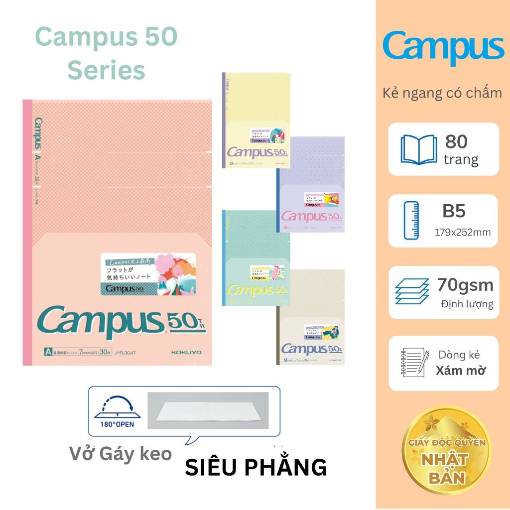 [2 quyển]Vở Giấy Nhật Mịn Siêu Phẳng không Lề Campus 50 Series B5 60 Trang – Vở Nhập Khẩu Kẻ Ngang C