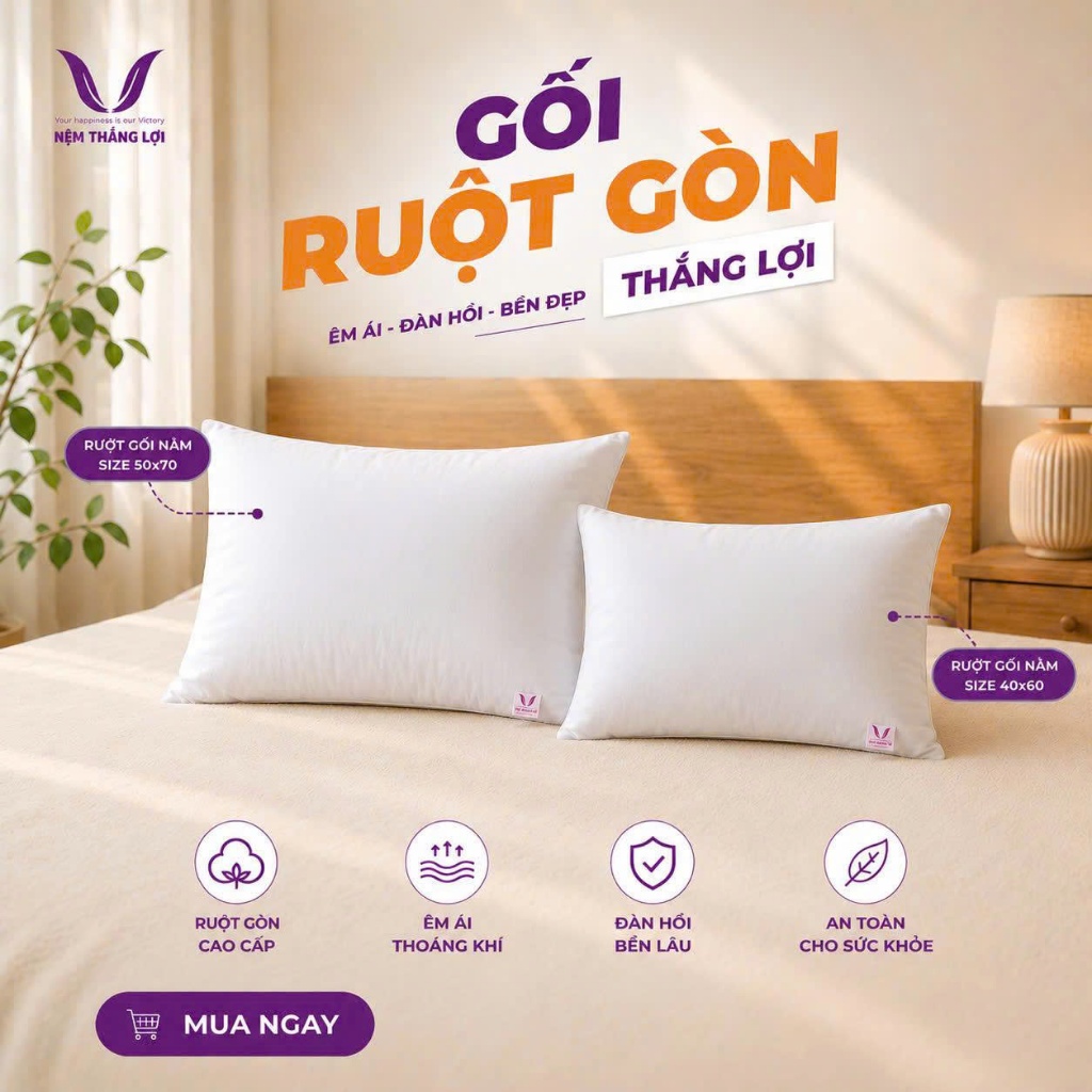 Ruột gối gòn Thắng Lợi 50x70, gối nằm 50x70 có khoá kéo giặt được bằng tay và máy