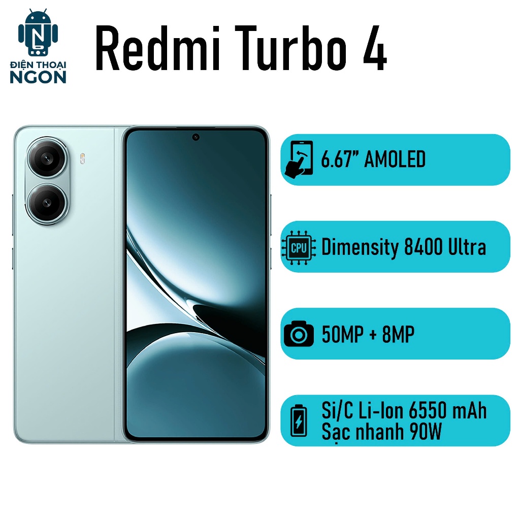 Điện thoại Redmi Turbo 4 - Dimensity 8400 Ultra - RAM 12/256GB - Camera 50MP - Pin 6550 mAh - Công S