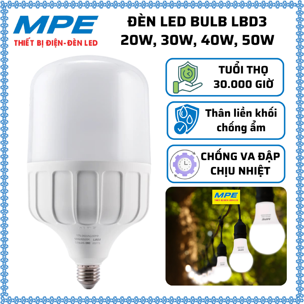 MPE - Đèn led trụ bulb 20w 30w 40w MPE trắng - vàng