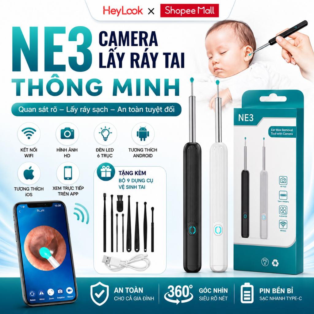 Dụng Cụ Lấy Ráy Tai Có Gắn Camera NE3 Pro Nội Soi Full HD Đa Năng Hình Ảnh Sắc Nét, Pin Sạc