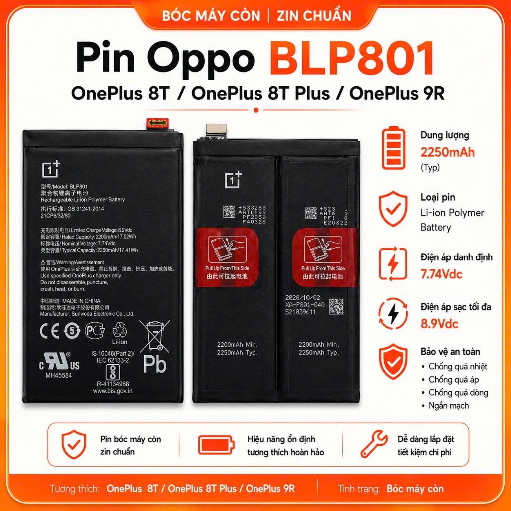 Pin Oppo BLP801 / OnePlus 8T / OnePlus 8T Plus / OnePlus 9R (Bóc máy còn OK)