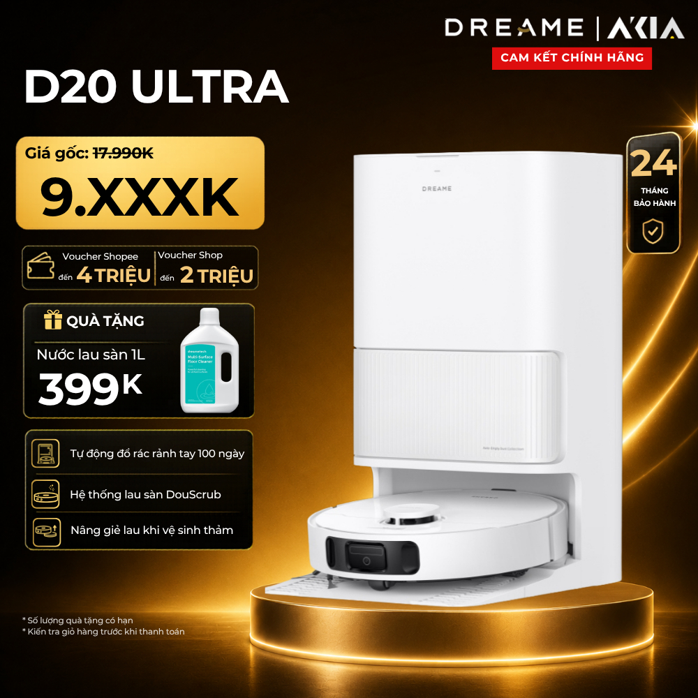 Robot hút bụi lau sàn Dreame D20 Ultra - Lực hút 13.000Pa - Trạm sạc đa năng rảnh tay đến 100 ngày -