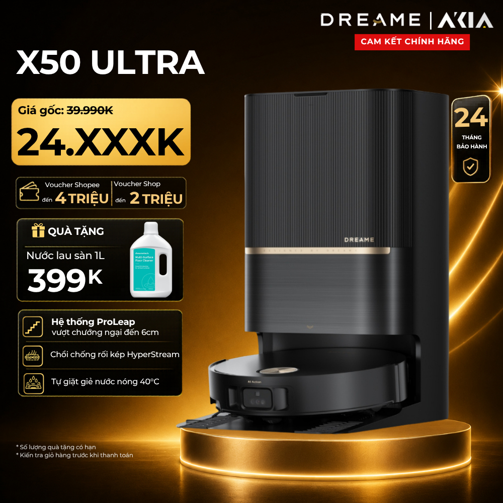 Dreame X50 Ultra - Robot hút bụi lau nhà, Kích thước 350x350x89.5mm, Dung lượng 0.3L/3.2L