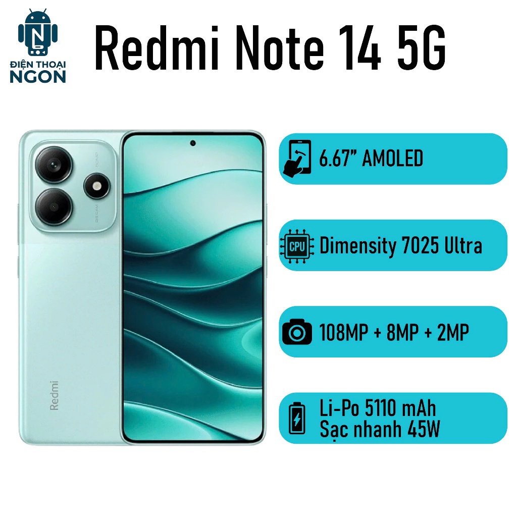 Điện thoại Redmi Note 14 5G - Dimensity 7025 Ultra - RAM 8/128GB - Camera 50MP - Pin 5110 mAh - Công