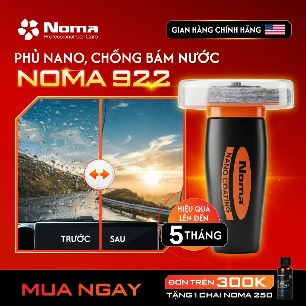 Dung dịch phủ Nano chống bám nước NOMA 922 dùng cho kính xe - Chống bám bẩn, giảm lóa khi mưa