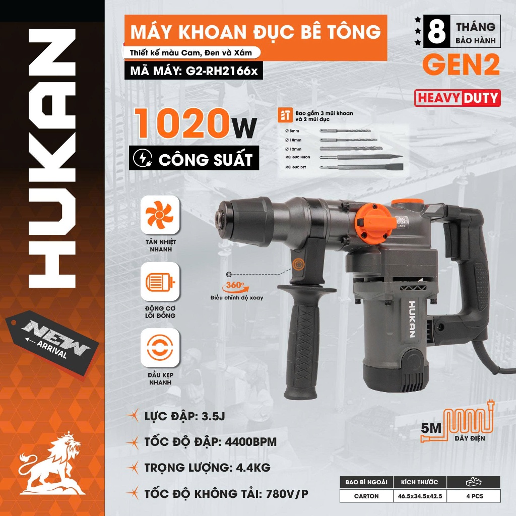Máy khoan đục bê tông HUKAN G2-RH2166X, Công suất 1020W - Lực đập 3.5J - Tặng kèm 5 mũi