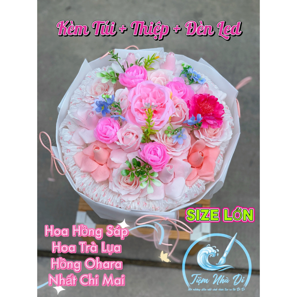 Bó Hoa Hồng Sáp SIZE LỚN Mix Hoa Trà, Hồng Ohara, Nhất Chi Mai Lụa Dáng tròn Nhiều Màu Dễ Thương San