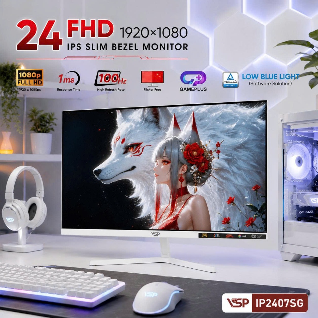Màn hình gaming VSP IP2407SG Black White | 24inch IPS FHD 100Hz 1ms| LCD 24 inch Chính Hãng FULL VAT