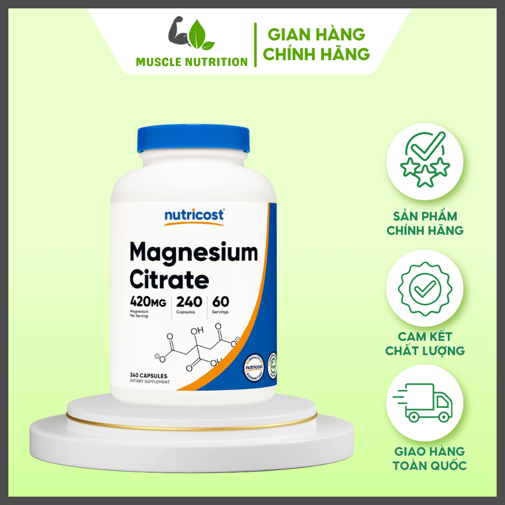 Nutricost Magnesium Citrate - Bổ sung magie, hỗ trợ giảm táo bón, giảm stress, mất ngủ, đau cơ