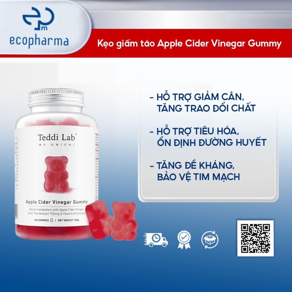 Kẹo dẻo giảm cân giấm táo Unichi Apple Cider Vinegar Gummy 60 viên