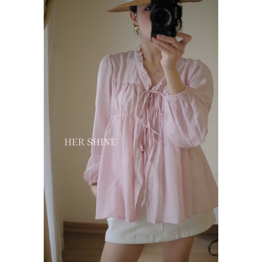 HER SHINE – Áo Sơ Mi Voan Tơ Áo Babydoll Tay Dài Buộc Nơ Dịu Dàng Style Hàn Quốc