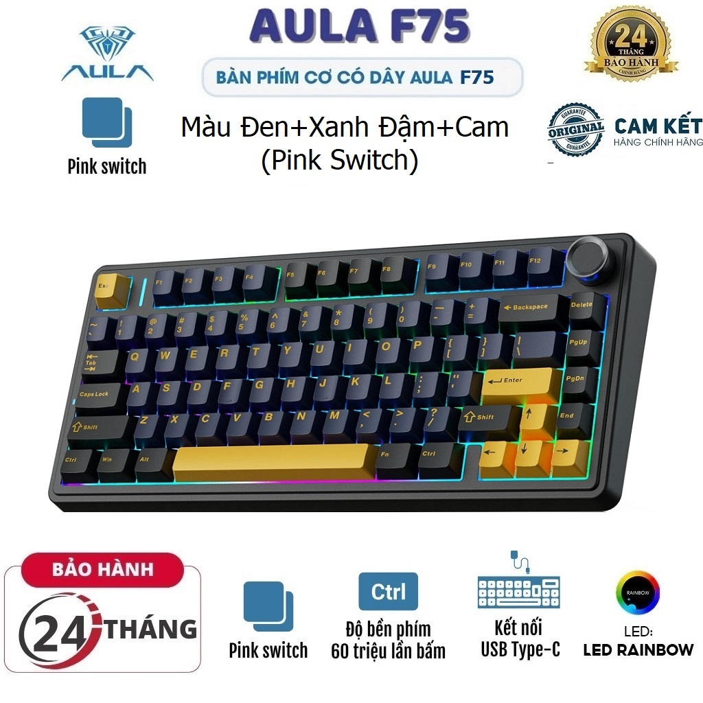 Bàn phím cơ Gaming có Dây chính hãng AULA F75 (4890) 1Mode Đèn nền Led Rainbow, Hotswap 5 pin (Màu Đ