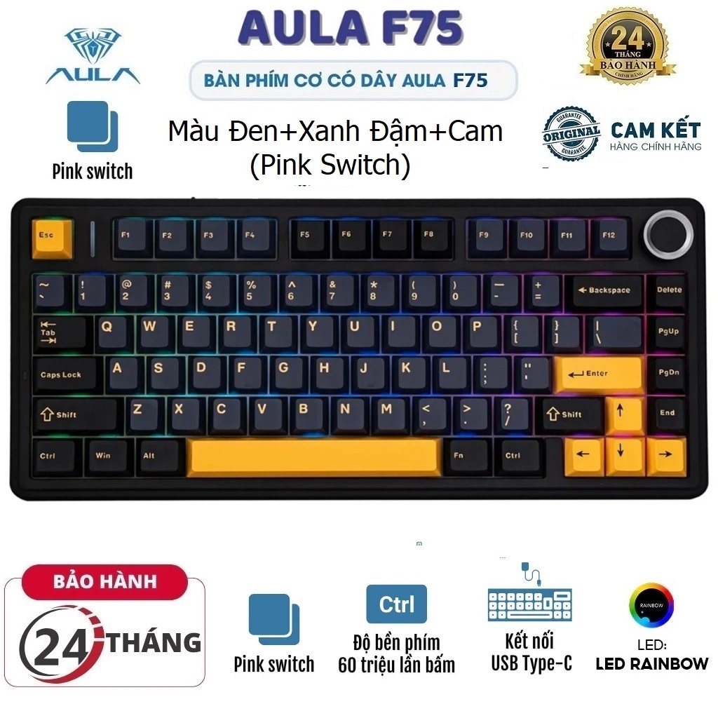 Bàn phím cơ Gaming có Dây chính hãng AULA F75 (4890) 1Mode Đèn nền Led Rainbow (Màu Xanh Dương+Trắng