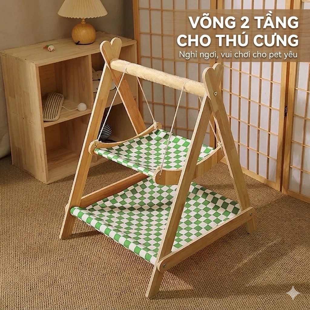 Võng Gỗ Giường Gỗ 2 Tầng Tiện Nghi Cho Chó Mèo - Võng Xích Đu Đệm Vải Cho Thú Cưng Tiện Lợi