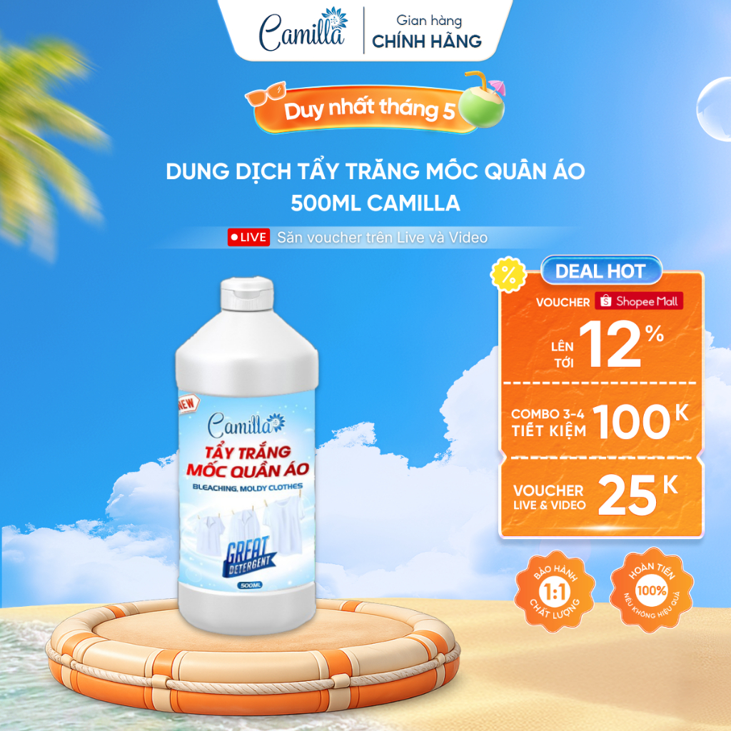 Nước Tẩy Trắng Quần Áo CAMILLA, Javen Mạnh Tẩy Mốc, Tẩy Ố Vàng, Đánh Bay Mọi Vết Bẩn | 500ml