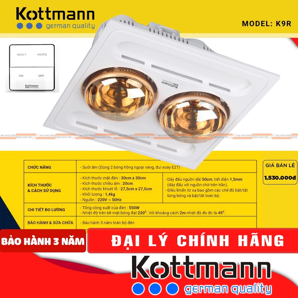 [BẢO HÀNH 3 NĂM 1 ĐỔI 1] Đèn sưởi nhà tắm Kottmann 2 Bóng Âm Trần Hồng Ngoại K9R/K9S [CHÍNH HÃNG]