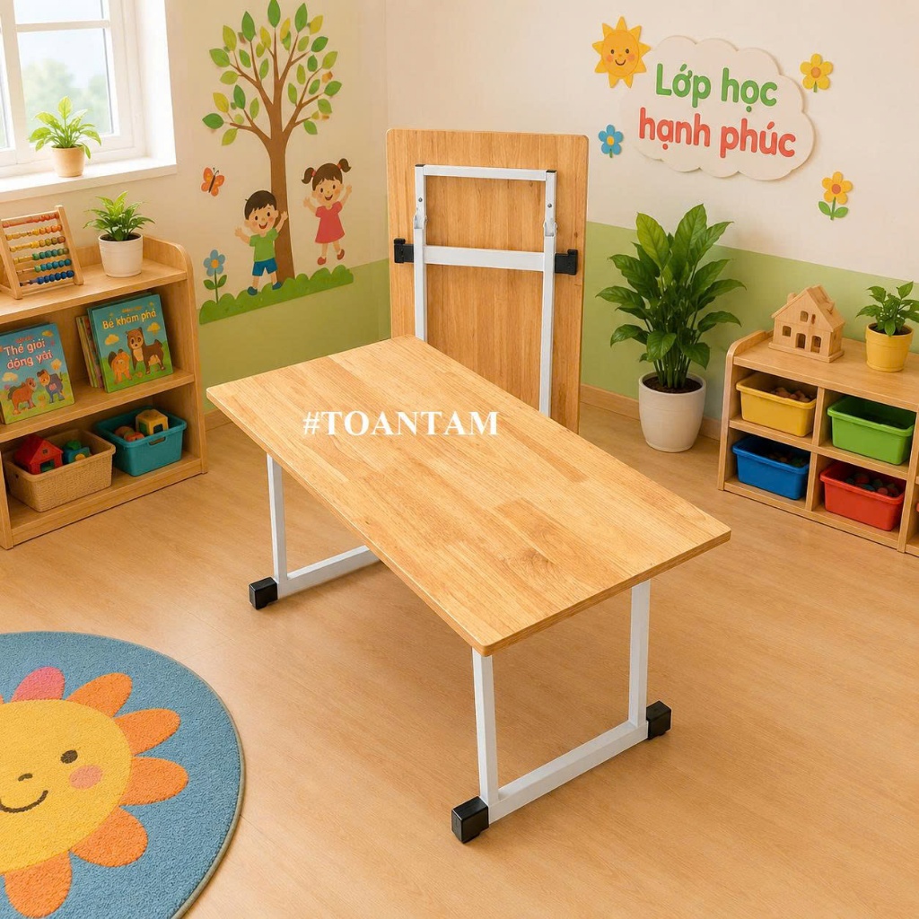 Bàn Gỗ Cao Su Cho Bé Mầm Non Chân Gấp Gọn