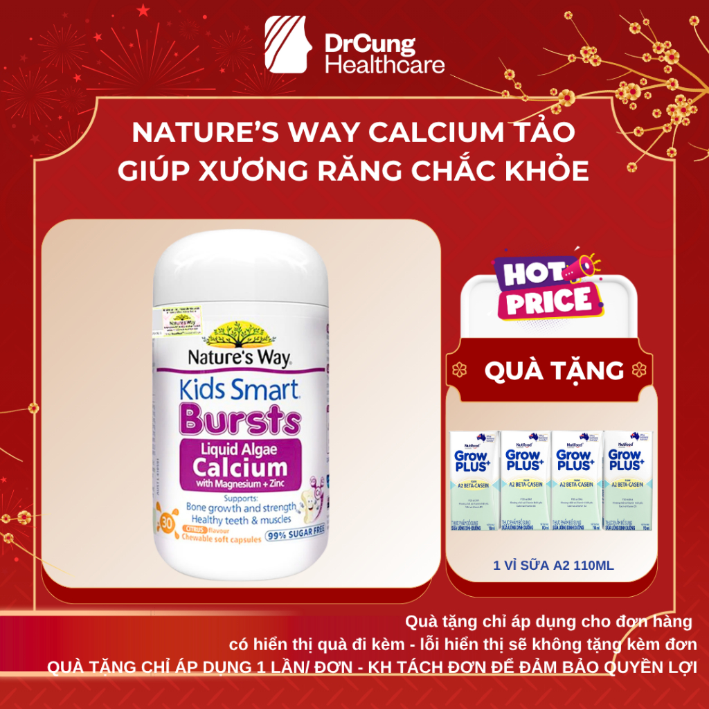 Nature's Way Kids Smart CANXI TẢO NỘI ĐỊA ÚC CHO BÉ - Bổ Sung Canxi, Magie, K2, Bé Khỏe