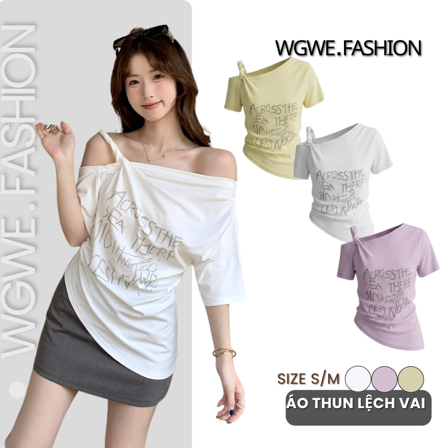 Áo Thun Lệch Vai WGWE Fashion Form Rộng - Áo Phông Nữ Trễ Vai Họa Tiết Chữ Ulzzang 9442