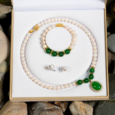 Bộ Trang Sức Hạt Ngọc Trai Trắng Mix Đá Xanh Bạc 925 Size 10ly - NTTT02 - Ngọc Trai Trường Thịnh