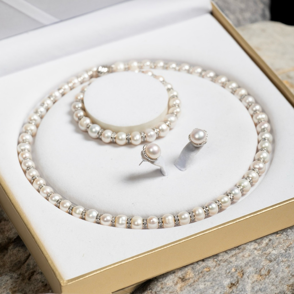 Bộ Trang Sức Ngọc Trai 3 Món 9 ly Mix Bi Charm Đá Bạc Thanh Lịch - Ngọc Trai Trường Thịnh