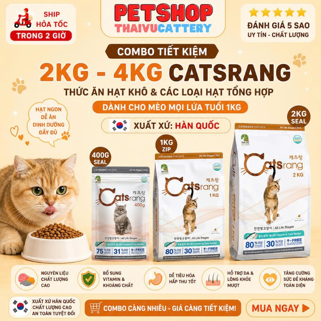Combo 2kg - 4kg  Catsrang thức ăn hạt khô và các loại hạt tổng hợp dành Cho Mèo Mọi Lứa Tuổi 1kg