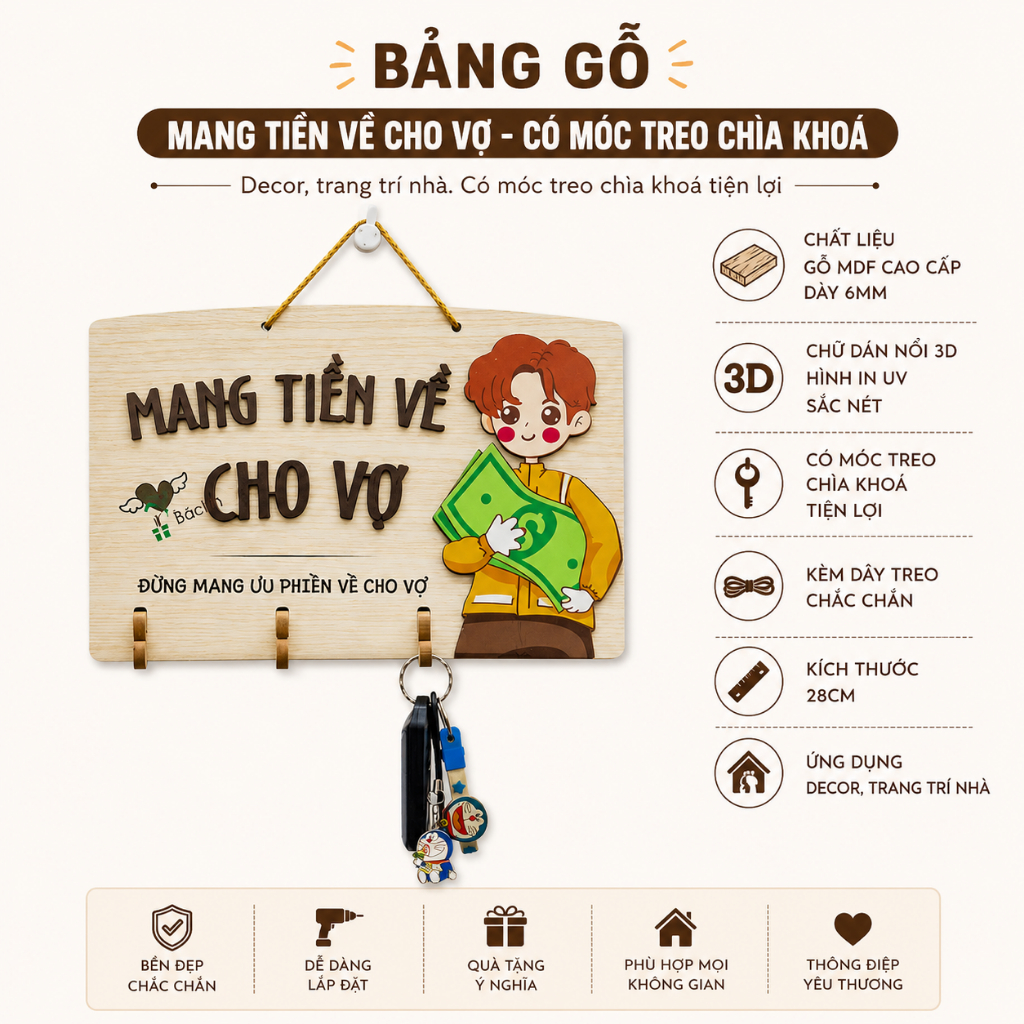 Bảng Gỗ Mang Tiền Về Cho Vợ Có Móc Treo Chìa Khoá - Bảng Treo Móc Khoá Tiện Lợi - Bảng Gỗ Decor Nhà