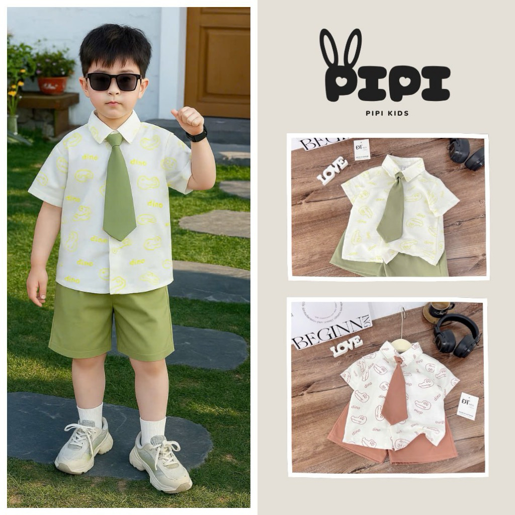 BiBi Kids | Bộ sơ mi cà vạt bé trai Dino phong cách Hàn Quốc | BB02