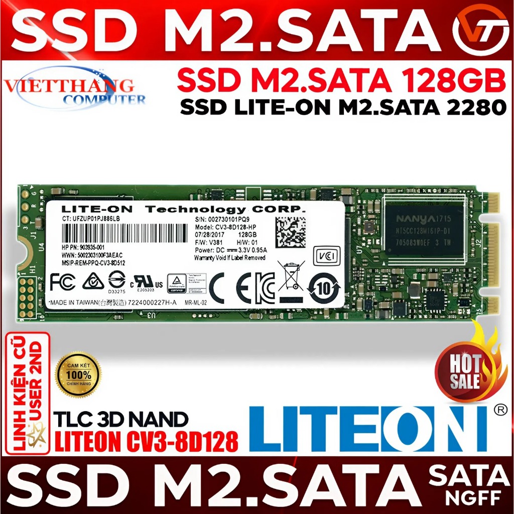 Ổ cứng SSD LiteOn CV3-8D128 128GB M2.SATA NGFF SSD Chuẩn M2 SATA Cũ đã qua sử dụng ( Cũ - 2nd )