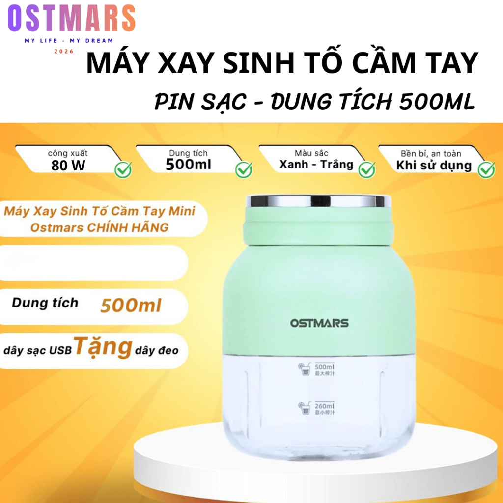 Máy Xay Sinh Tố Cầm Tay Mini Ostmars , Máy Xay Mini Cầm Tay 10 Lưỡi Dao Đa Năng Dung Tích 500ml