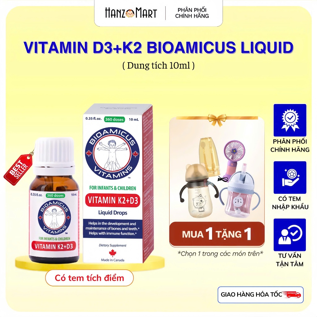 Bioamicus Vitamin D3K2 Mk7 . Giúp Bé Hấp Thu Canxi Tối Đa