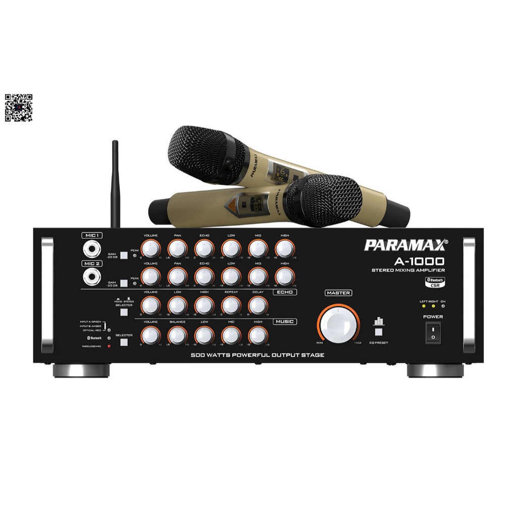 Amply Karaoke PARAMAX A-1000 Kèm Micro Không Dây 500W Bluetooth Optical Chính Hãng VN