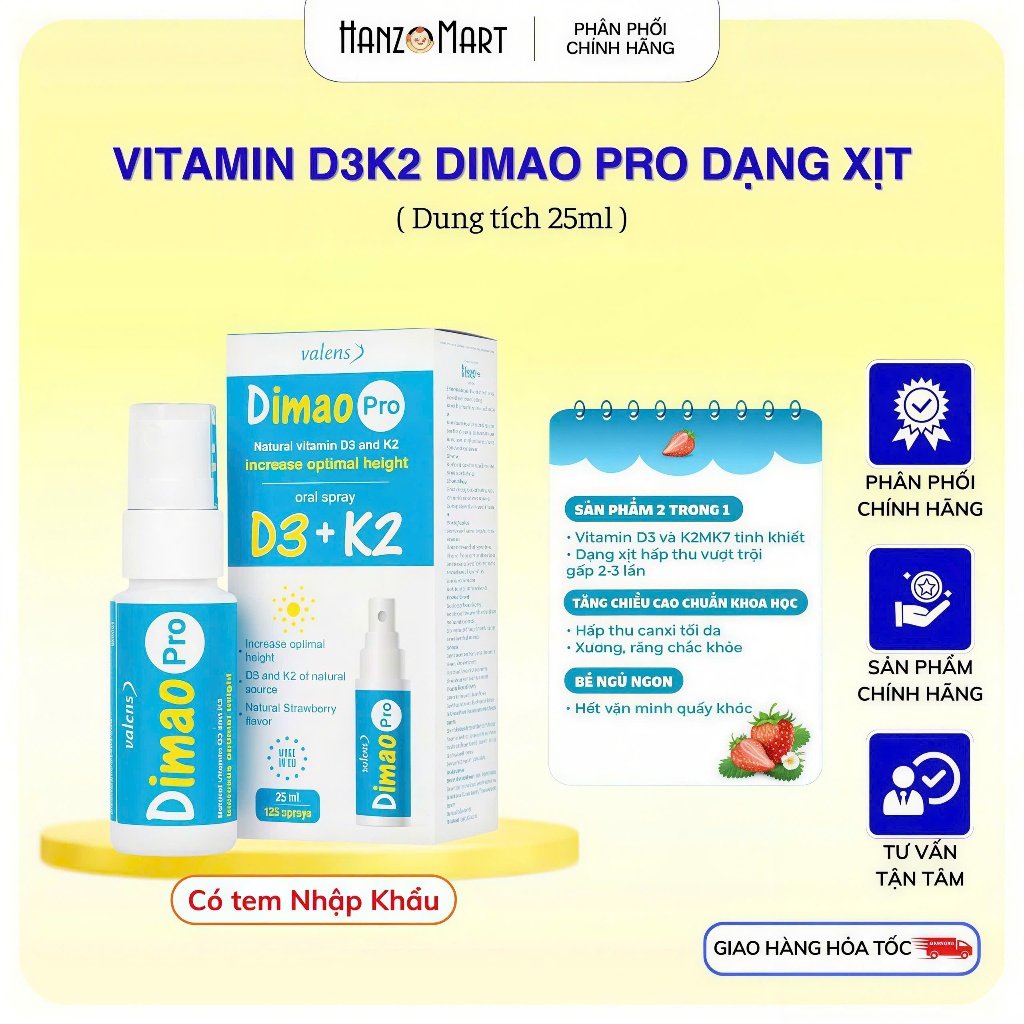 D3 K2 dạng xịt hỗ trợ tăng chiều cao Valens Dimao Pro Spray D3K2 25ml