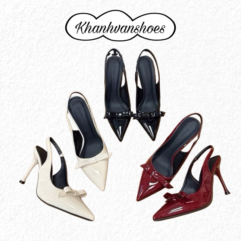 [D11] Giày cao gót KHANHVANSHOES , giày bít mũi chất da bóng phối nơ gót 7p,9p D11