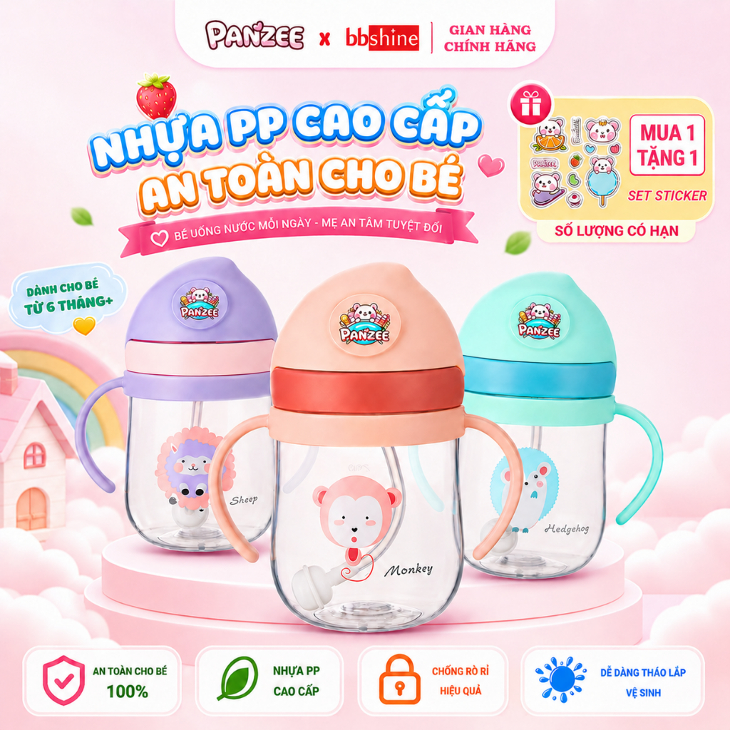 Bình Tập Hút Cho Bé Panzee 250ml Chống Sặc Ống Hút Silicon Tay Cầm Tiện Lợi BBShine - BN012