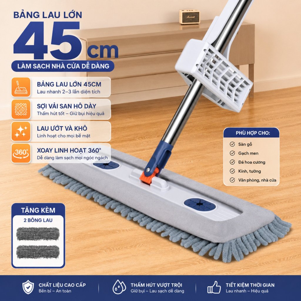Cây Lau Nhà Tự Vắt 45CM – Tặng 2 Bông, Lau Nhanh