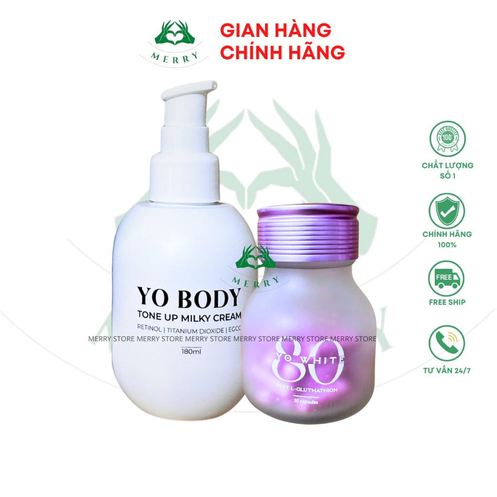 Viên Uống Trắng Da Yo White 80 và Kem Dưỡng Da Yo Body Nâng Tone Chính Hãng MERRY STORE Viên uống Tr