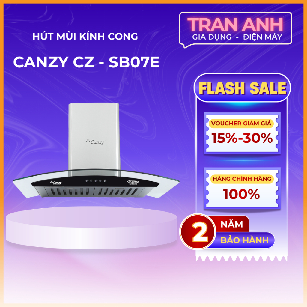Máy hút mùi Canzy CZ-SB07E - Kính cong inox, 1200 m³/h, Gắn tường