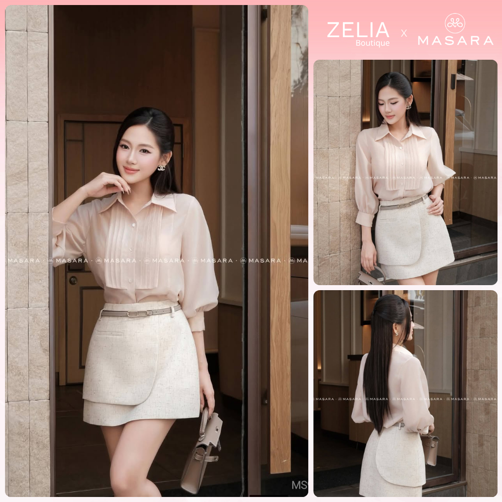 [Masara x Zelia] Set áo sơ mi kiểu phối vạt xếp ly thanh lịch & chân váy vạt đắp sang trọng, tặng kè
