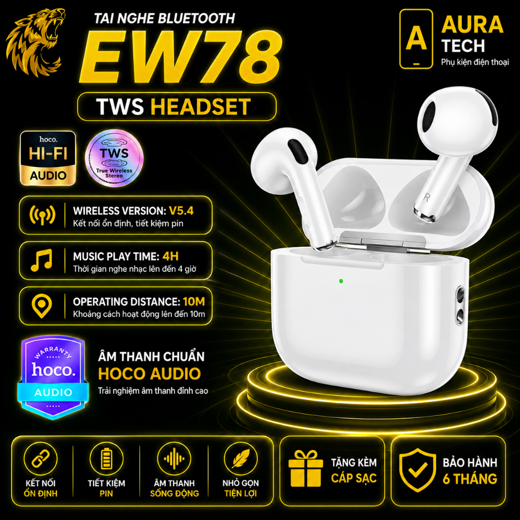 TAI NGHE BLUETOOTH KHÔNG DÂY HOCO EW78 TWS – ÂM THANH CHẤT LƯỢNG, KẾT NỐI ỔN ĐỊNH