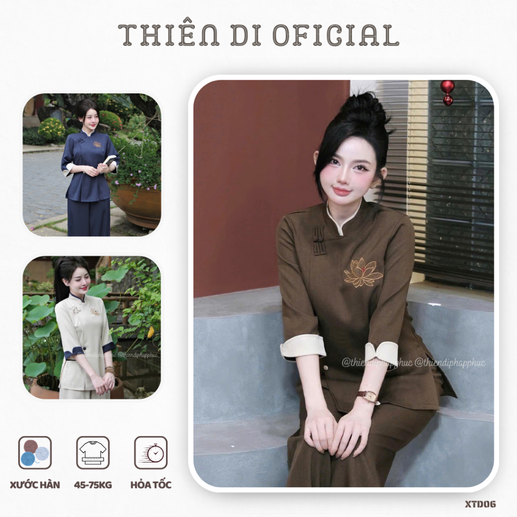 Pháp phục nữ bigsize đi lễ chùa cao cấp, bộ đồ lam nữ trẻ trung đi chùa thêu sen cho phật tử Thiên D