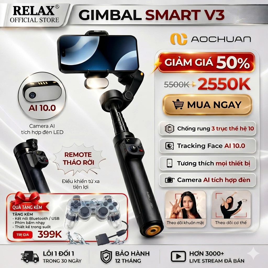 Gimbal Chống Rung Điện Thoại SMART V3 - Có Remote Tháo Rời Quay Phim Chụp Ảnh, Tracking Face 10.0