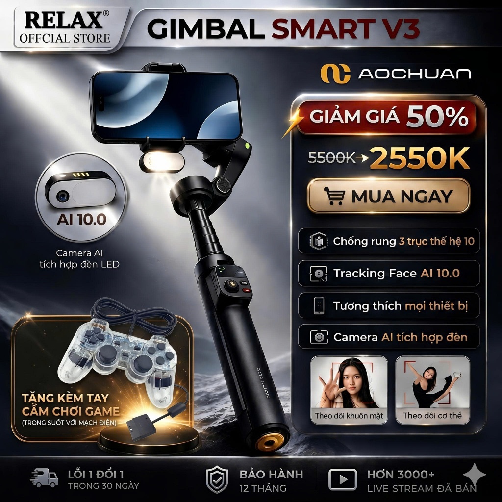 Gimbal Smart V3 - Gymbal điện thoại chống rung hỗ trợ Livestream, chụp ảnh chuyên nghiệp xoay 360 độ